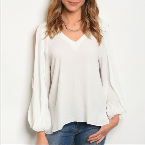 White long slit sleeve V-neck tunic blouse - Picture 2 of 5